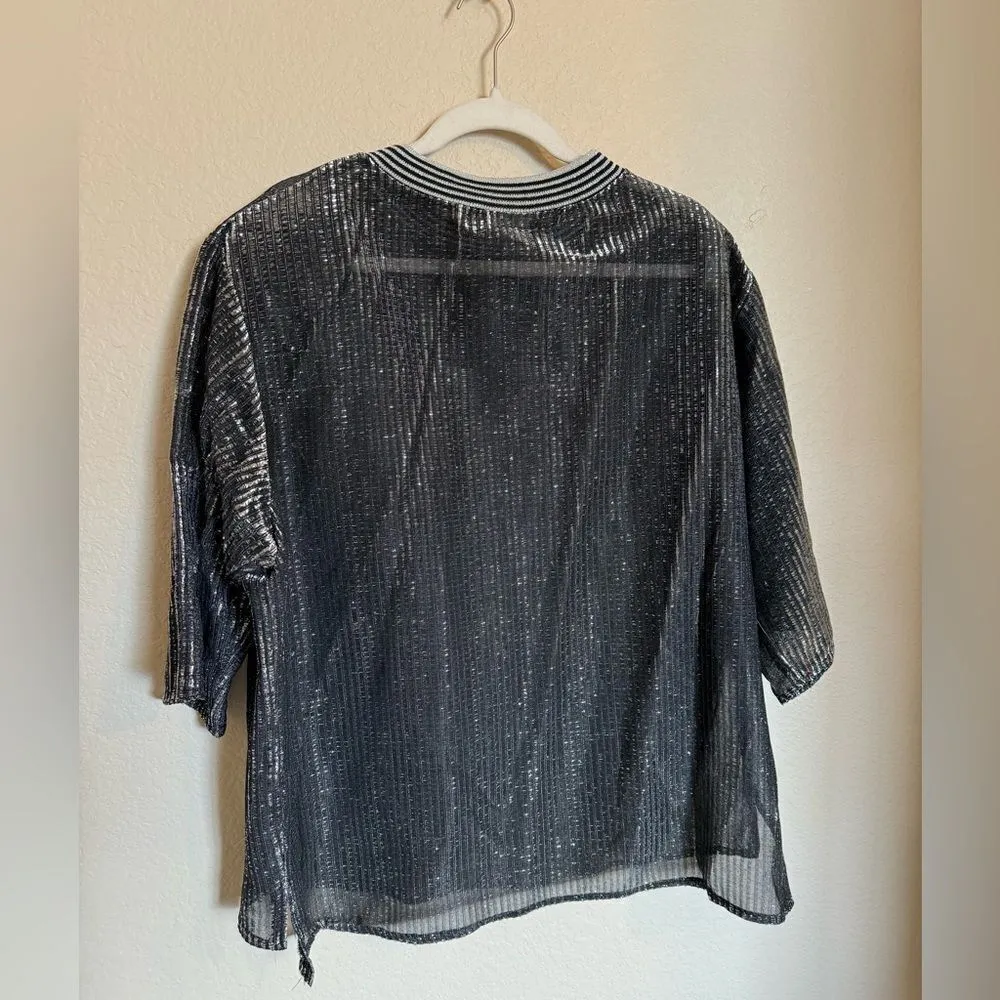 Vintage 90s Oversized‎ Metallic Shimmer Sheer T-Shirt Sz Medium Silver Black NEW - Image 4