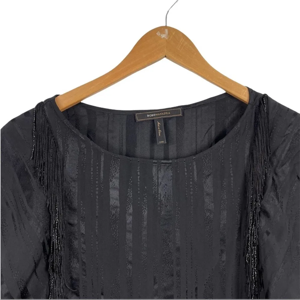 BCBGMAXAZRIA Black Silk Ruffle Blouse Top Beaded Fringe with Shinny Stripes  XXS - Image 3