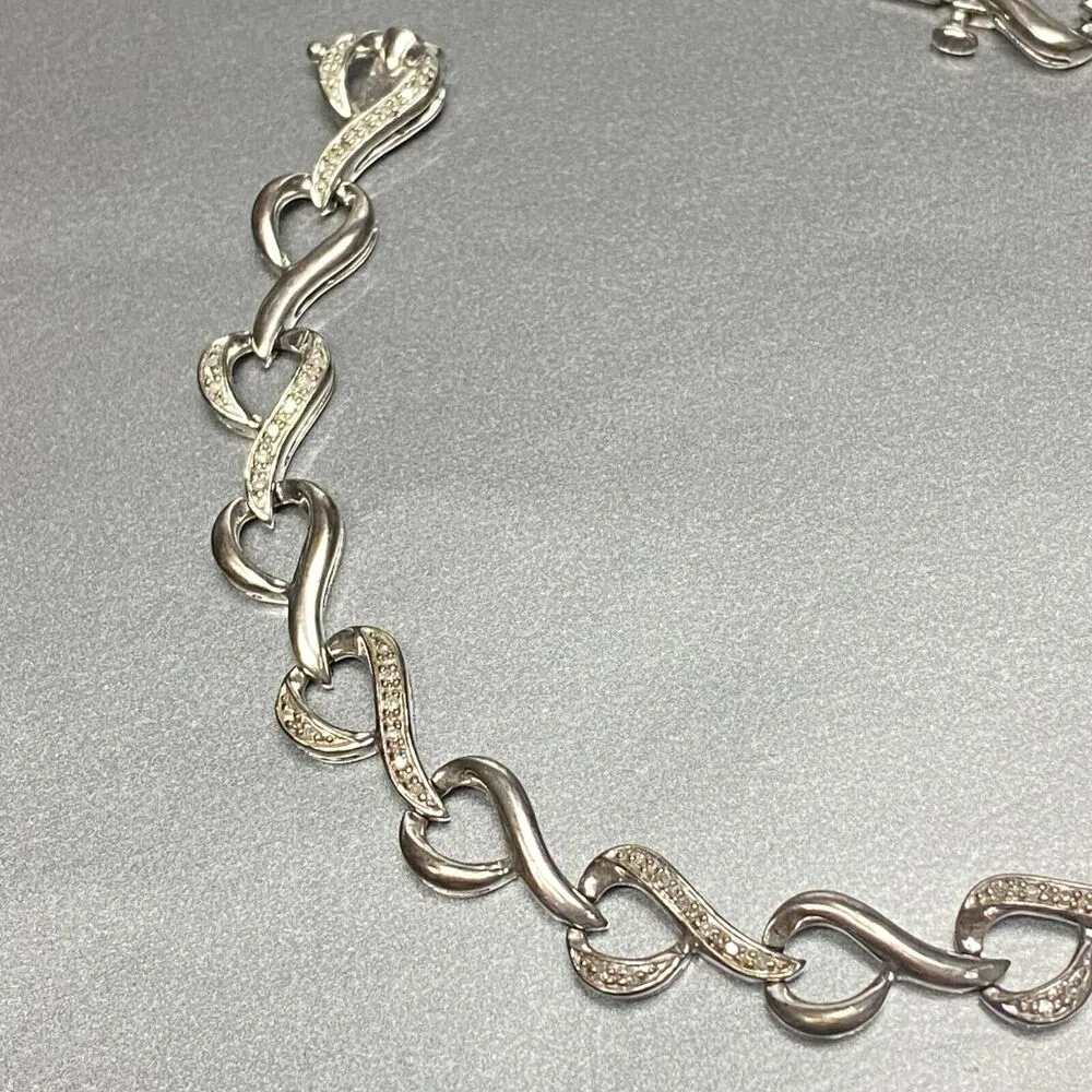 925 Sterling Silver Real Diamond Abstract Link Bracelet 7 1/2" - Image 4