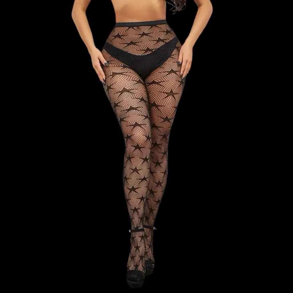 Black‎ Jacquard Fishnet High Waist Footed Tights With Star Pattern One Size Black - Image 10