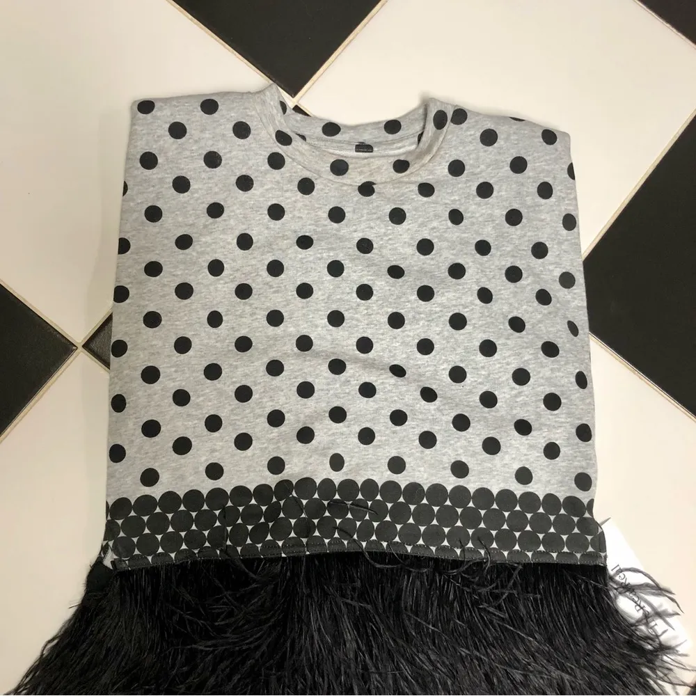 Seeing Double Tank Top Feather Hem Fringe Grey Black Polka Dots sz S - Image 10