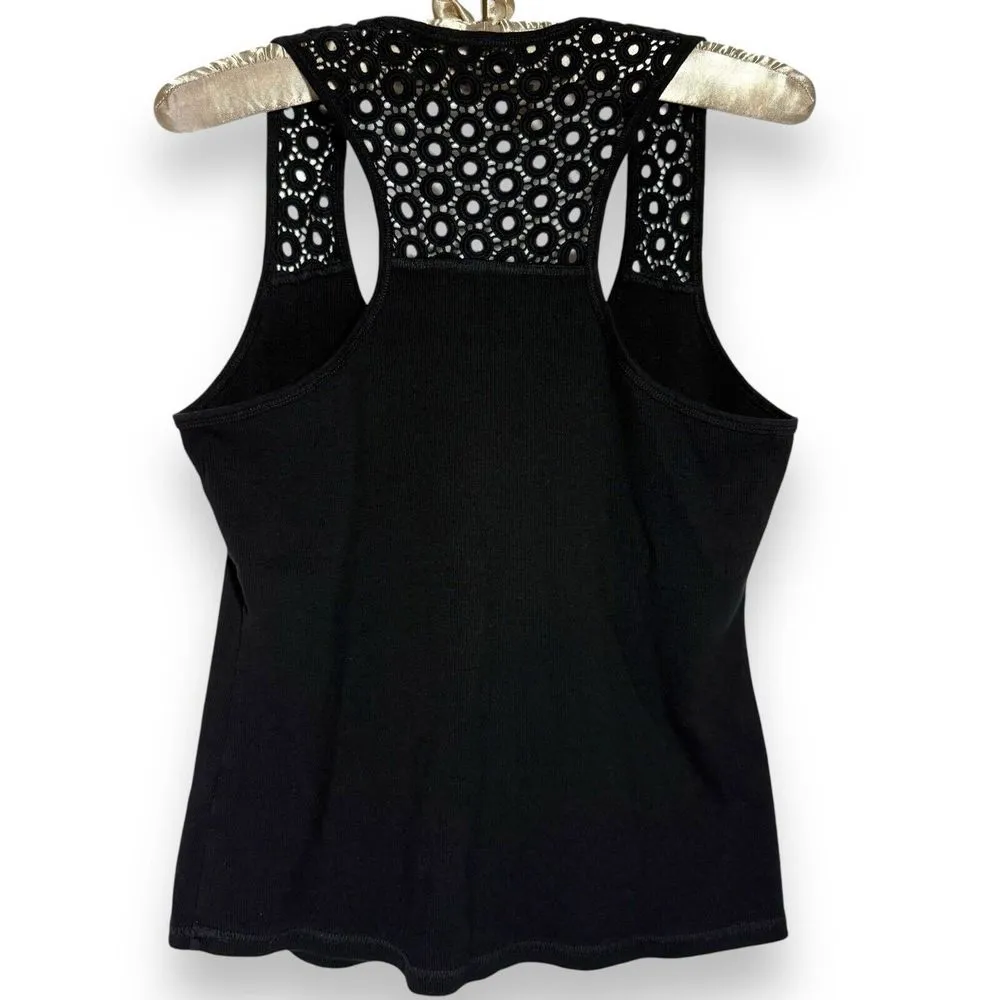 Karen Millen Tank Top‎ 16 (XL) Black Ribbed Scoop Neck Stretch Eyelet Racerback - Image 3