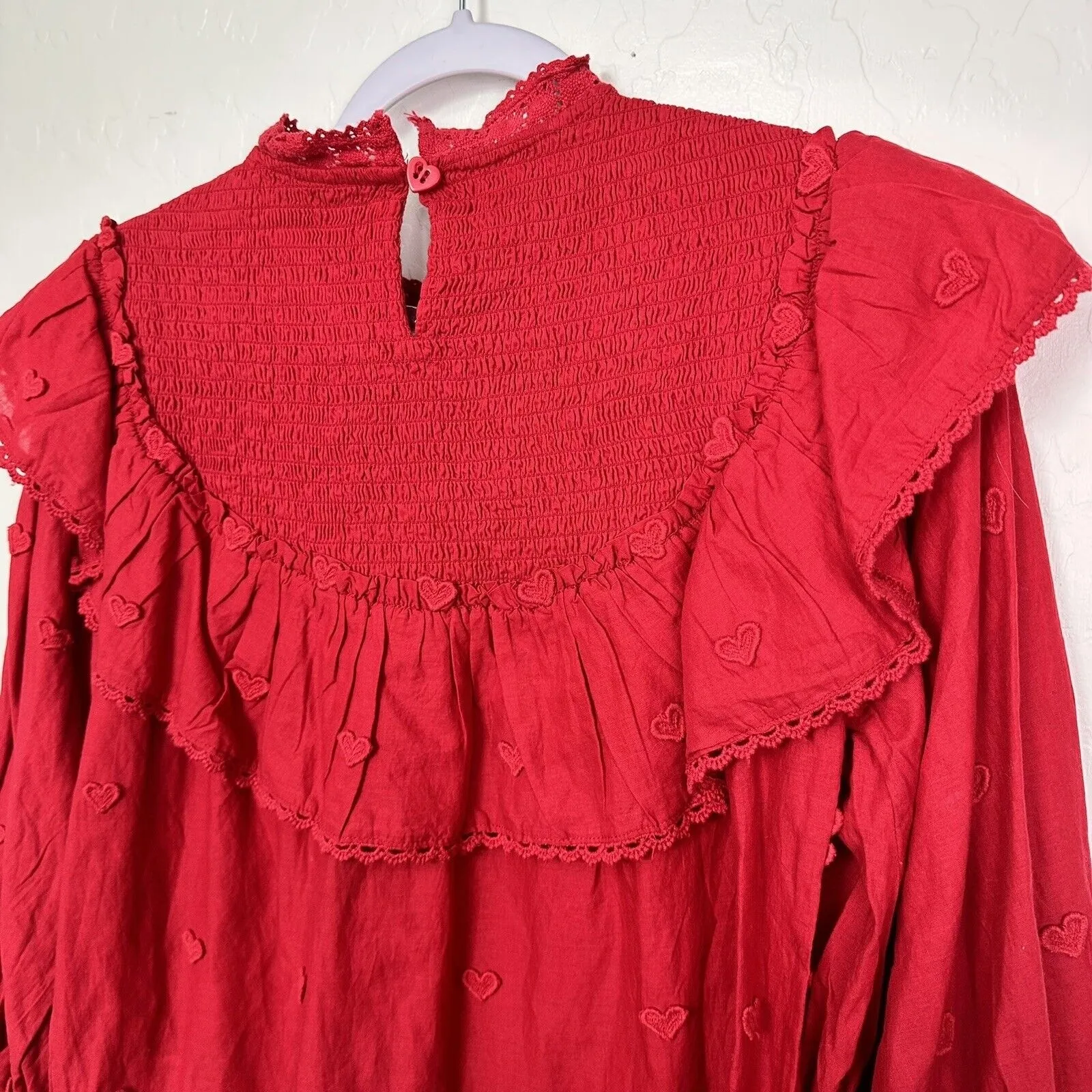 Farm Rio Women's Red 3D Heart Red Blouse Long Sleeve Smocked Size XS - Image 9