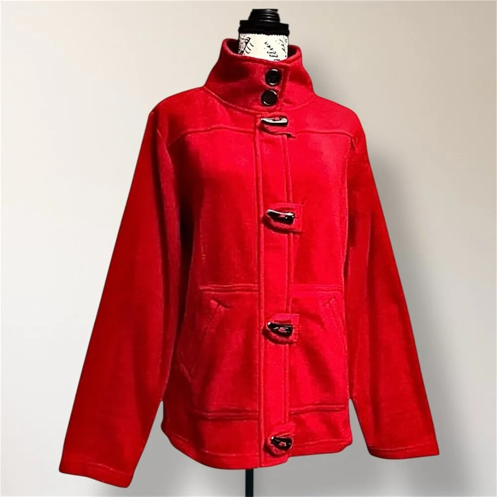 Dressbarn L Red Fleece Toggle Button Jacket Mock Neck Pockets Cozy Outerwear - Image 3