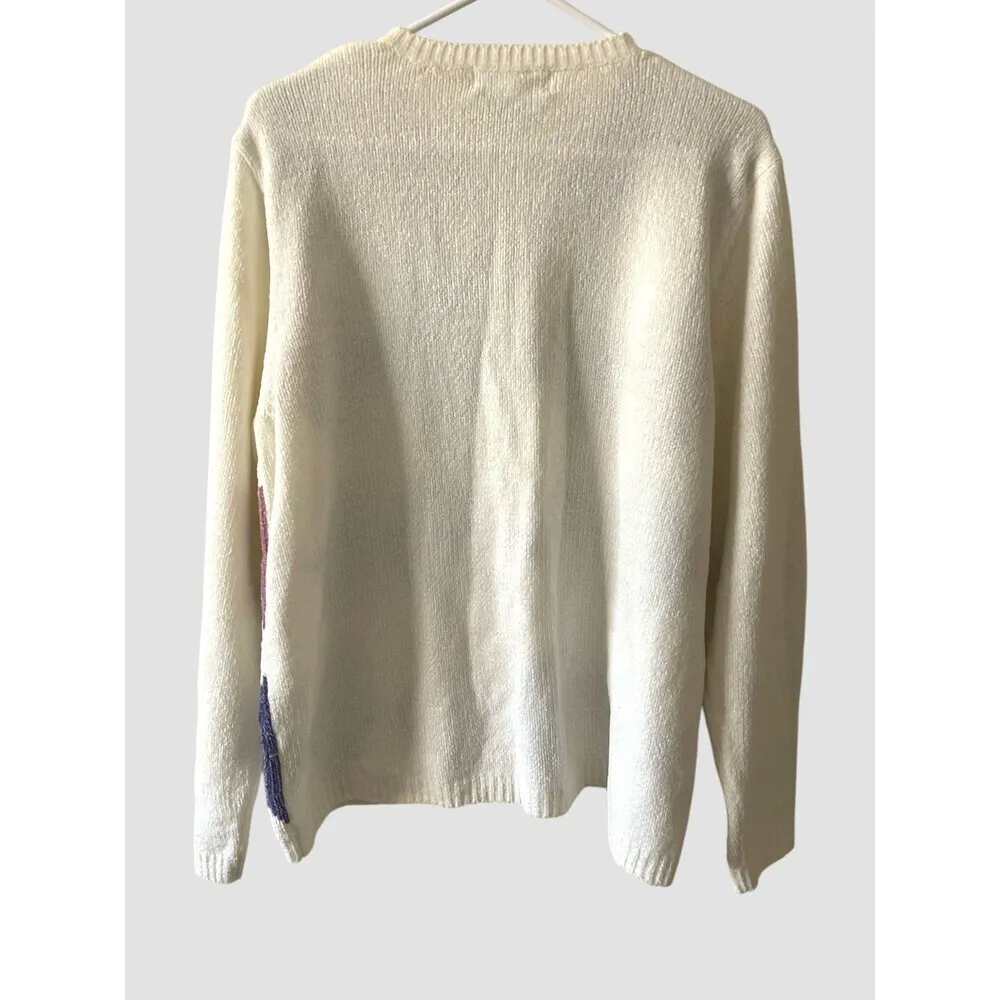 Alfred Dunner Chenille Cardigan Sweater Size Large Granny White Argyle Vtg - Image 4