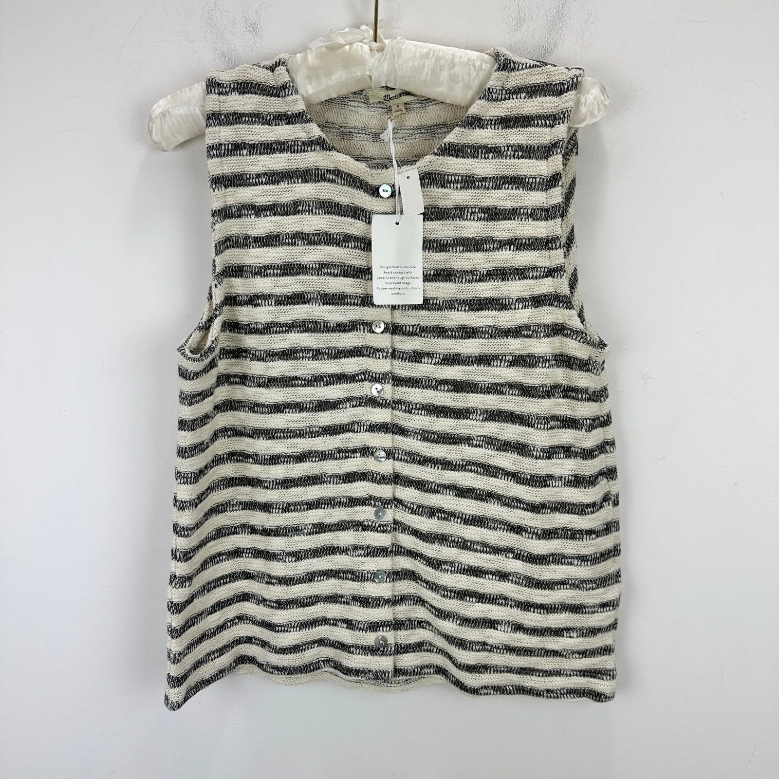 Madewell Crewneck Sweater Vest Striped Knit Cotton Blend Natural Medium NWT - Image 7