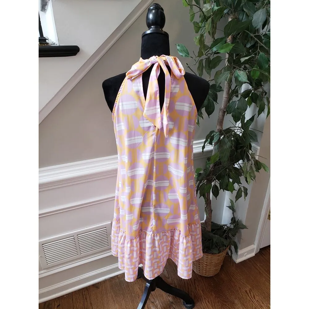 Women's Dress Medium Yellow Pink Sleeveless Halter Ruffle Hem Retro Mod Print - Image 4
