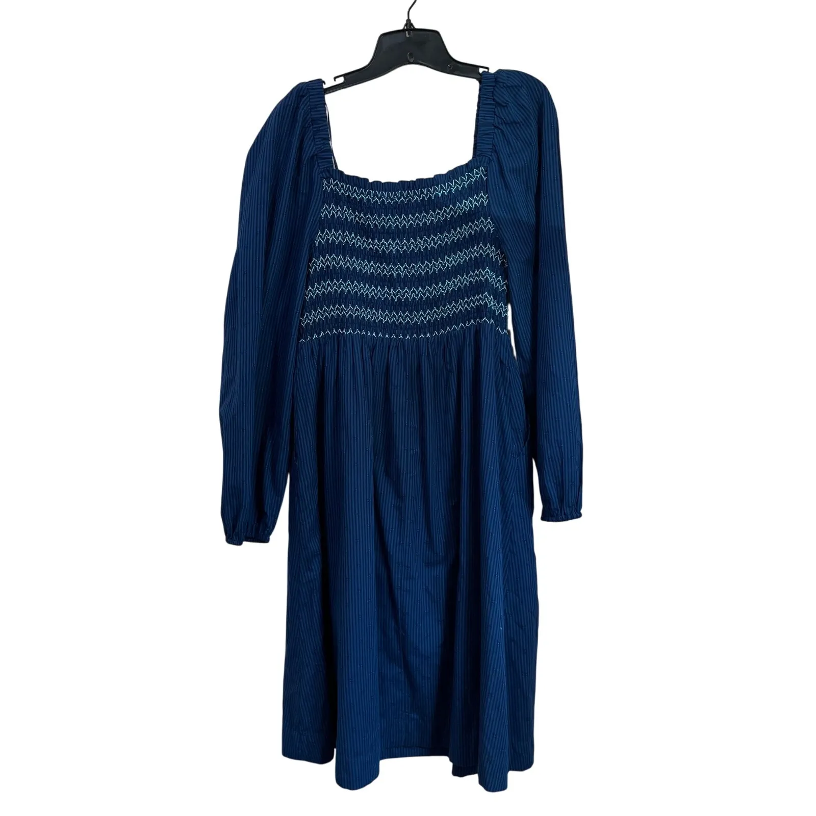 Draper James RSVP Navy Smocked Square Neck Long Sleeve Midi Dress Pockets Sz L - Image 3