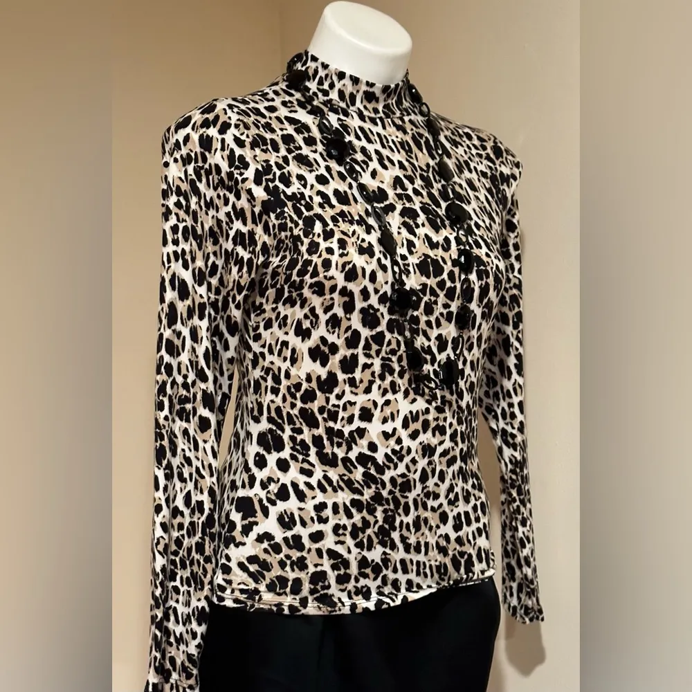 Gaze Cream White & Black Animal Print Long Sleeve Body Con Blouse Sz S - Image 3