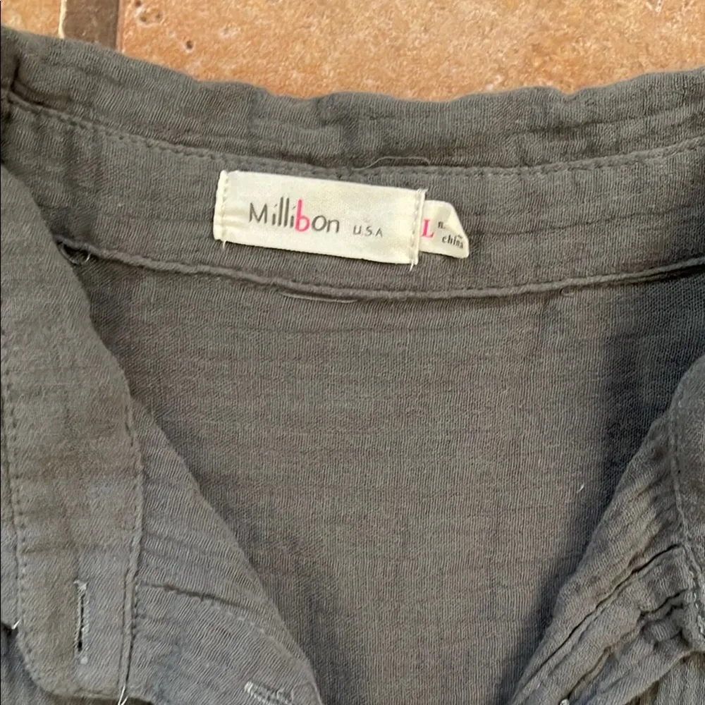 Millibon olive Green Button Down Shirt Classic Collar Gray Size L - Image 2