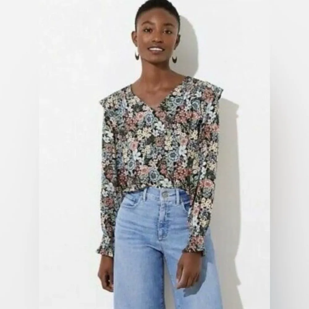 LOFT Floral V-Neck Flutter Shoulder Long Sleeve Blouse - Image 2