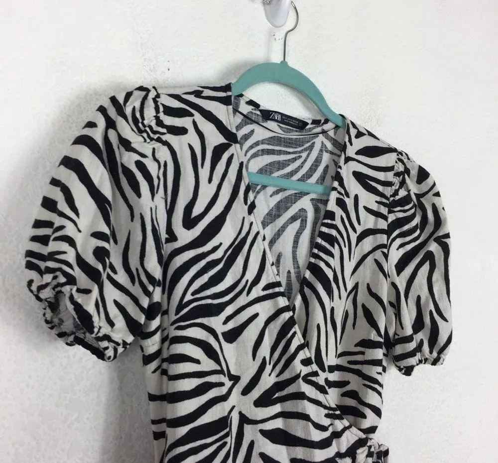 Zara Zebra Print Puff Sleeve Linen Wrap Mini Dress Small - Image 7