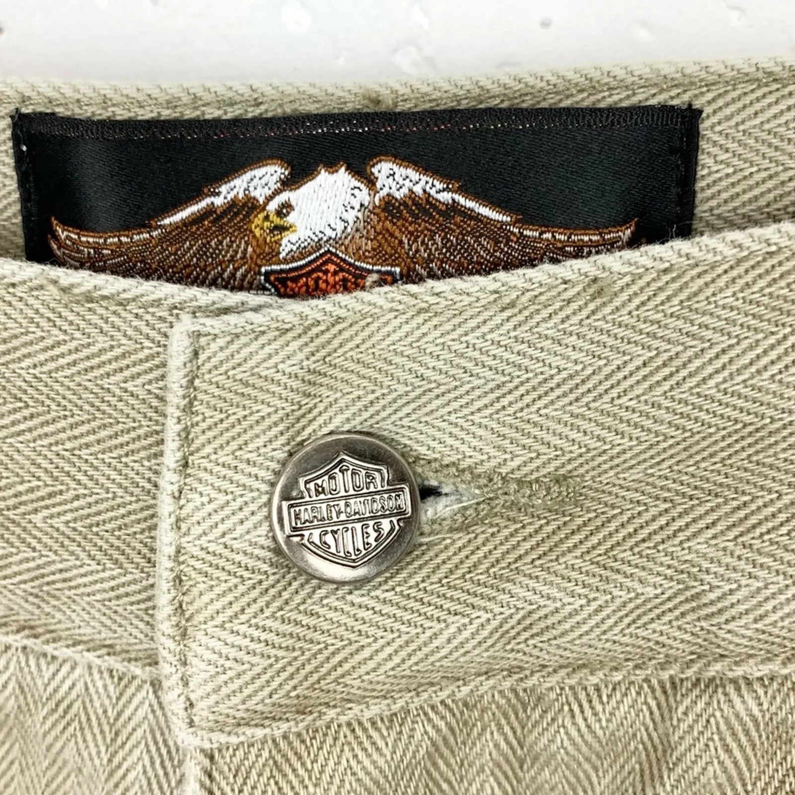 Vintage 90s Harley Davidson Womens Jeans Tapered Tan Herringbone Size Medium - Image 7