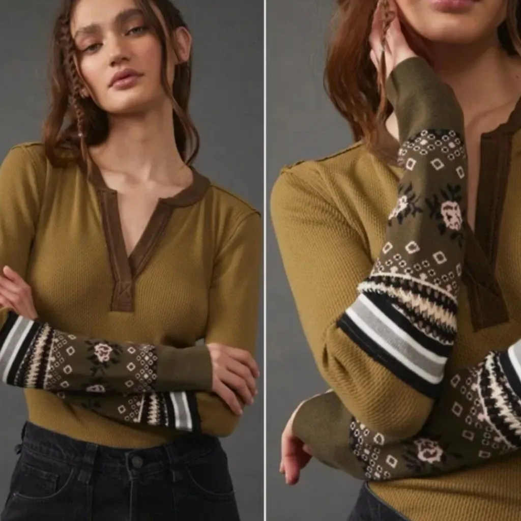 NWOT Free People X We The Free Mikah Layering Cuff Thermal Top Green XS - Image 2