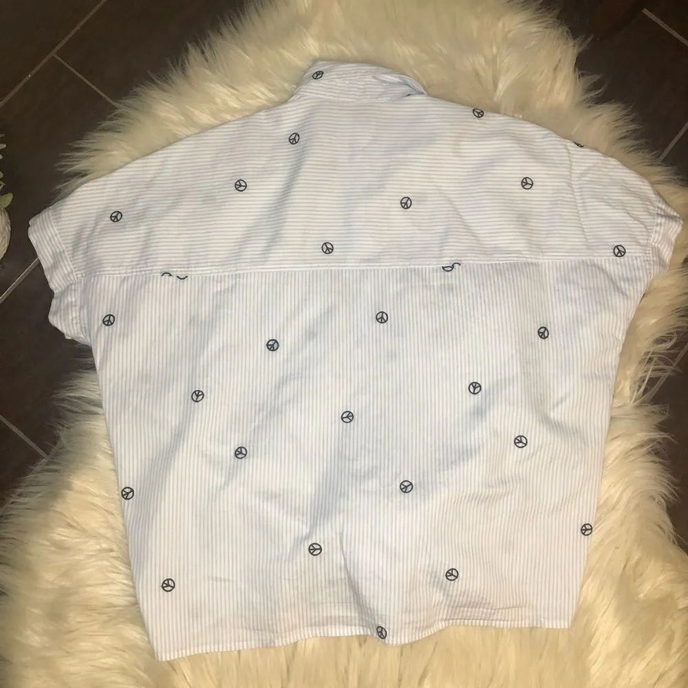 Madewell blue/white striped peace sign print tie front button up sz XS - Image 8