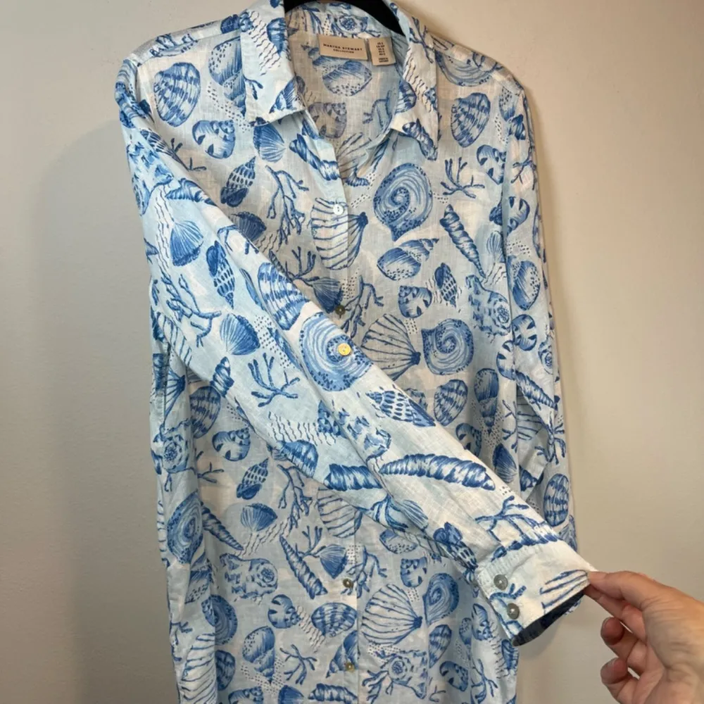 Martha Stewart Linen Blend Shirt Dress Blue White Beach Shells Midi Womens Small - Image 9