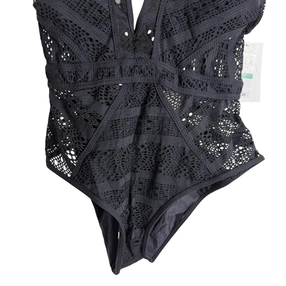 Becca Rebecca Virtue Color Play Black Crochet Plunge One-Piece Swimsuit Size L - Image 5