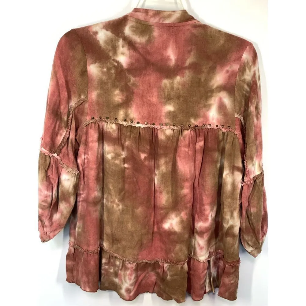 Tru Luxe Women's Tie Dye Linen Blend 3/4 Sleeve Tunic Top Red Brown Size Large - Image 4