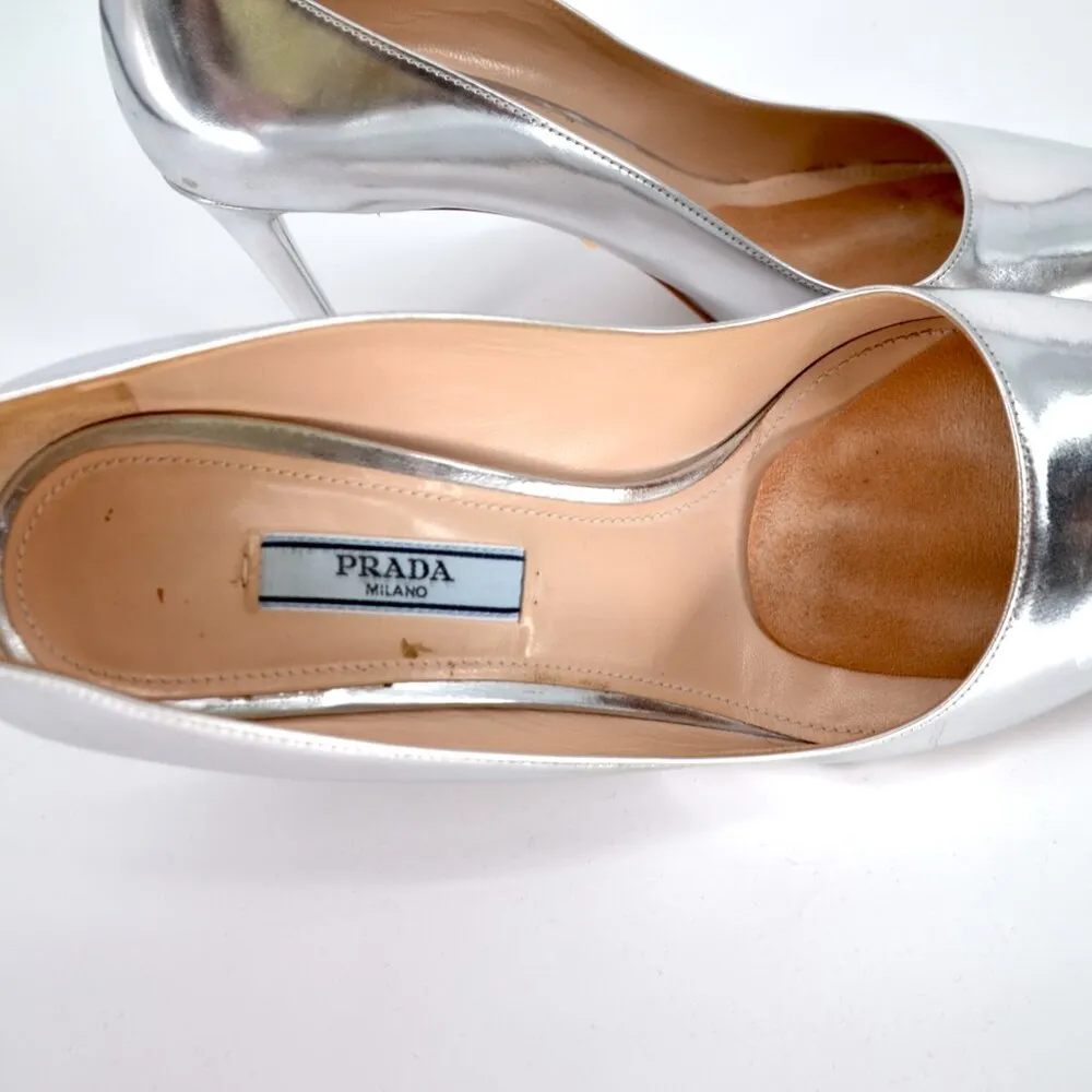 PRADA Silver Metallic Pointed Toe Pumps Stiletto High Heels Leather Size 39 - Image 7