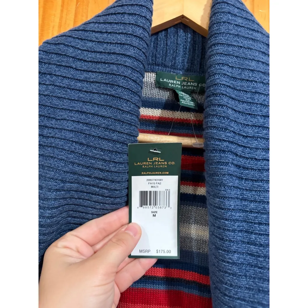 New w Tag Lauren Ralph Lauren Southwestern Heritage Striped Open Front Cardigan Blue Size M - Image 2