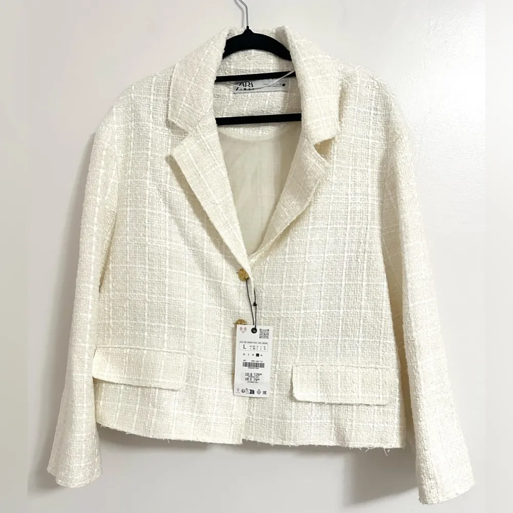 NWT ZARA Ivory Blazer Textured Jacket Cropped Coat Large - Image 3
