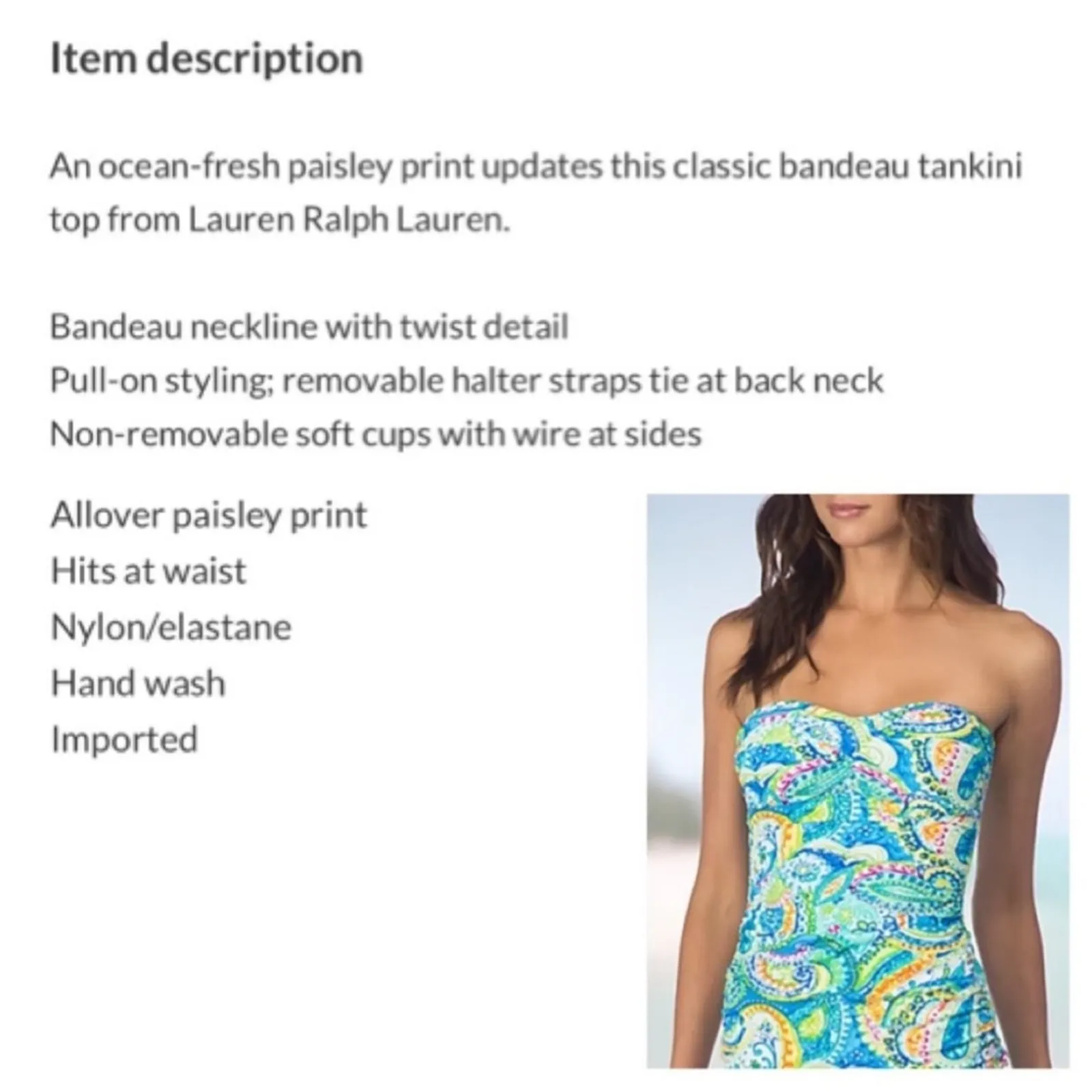 Lauren Ralph Lauren carnivale paisley tankini bikini swim suit sz M / 6 - Image 5