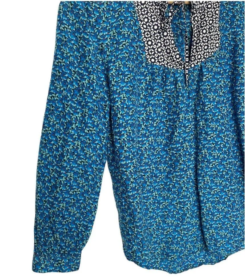 J Crew Top Womens 00 Silk Blend Ditsy Floral Keyhole Tie Neck Contrast Blue - Image 2