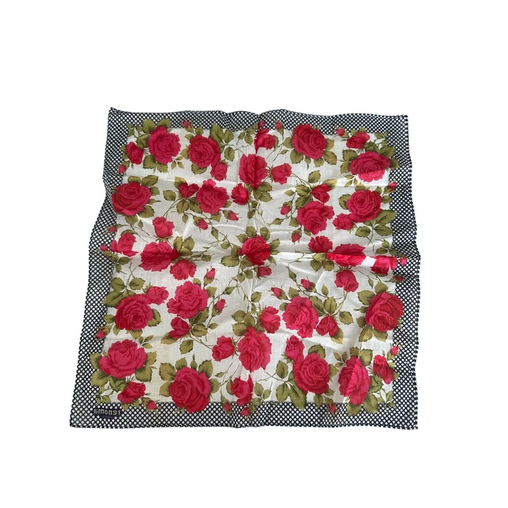 RENOMA Paris Floral Rose Print 16" by 16" Cotton Scarf Red - Image 3