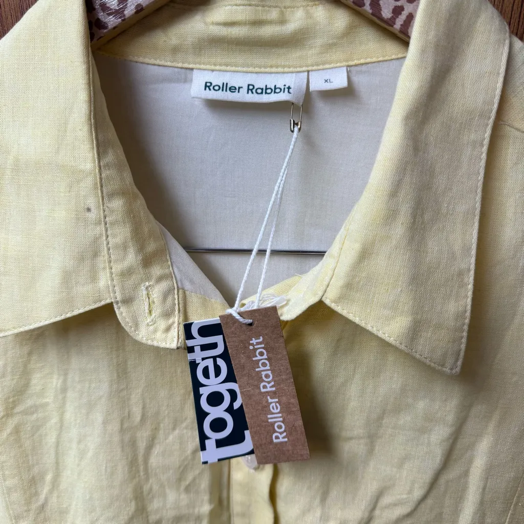 NEW Roller Rabbit Raisa Long Sleeve Shirt Dress Midi Cotton Linen Yellow XL - Image 10