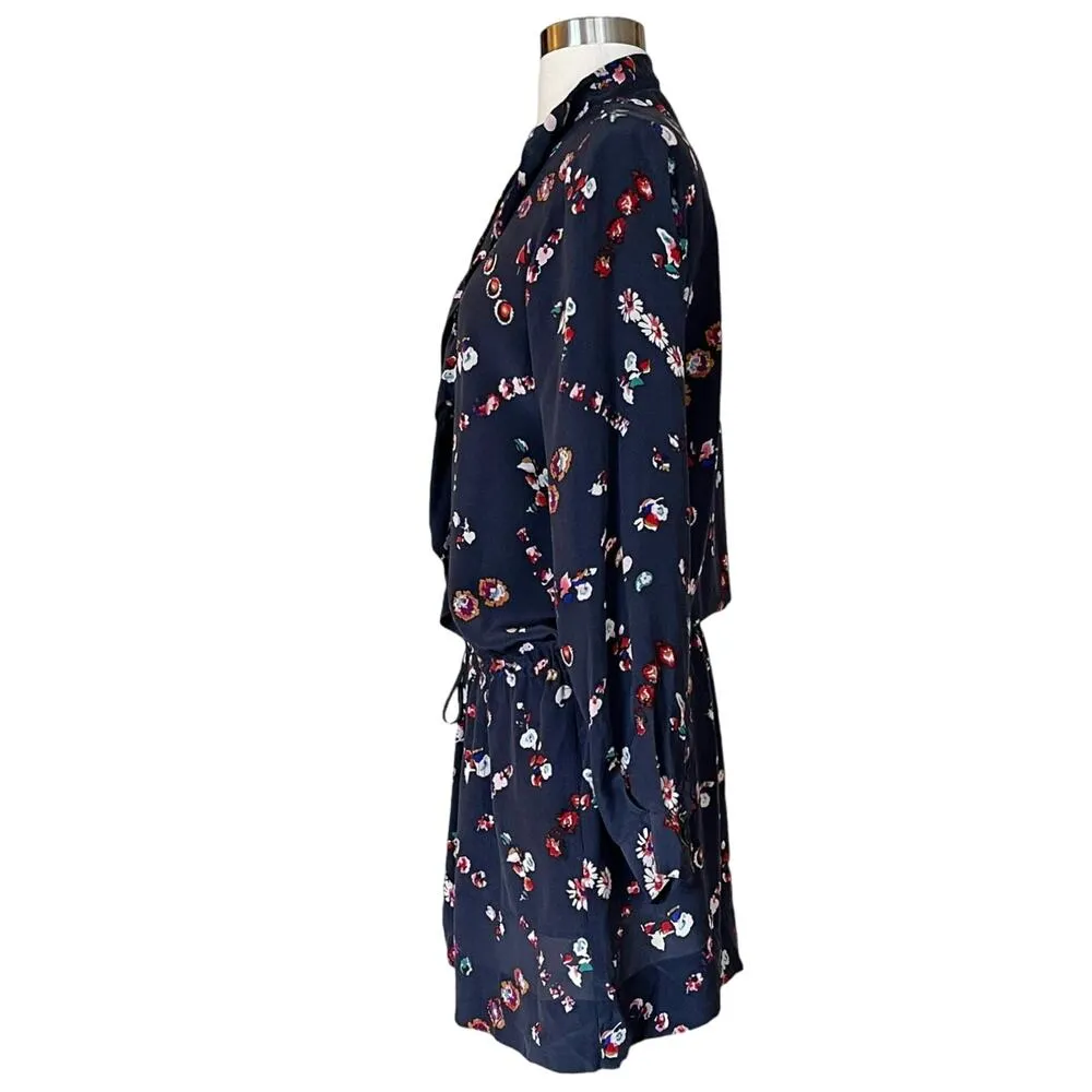 REBECCA TAYLOR SILK Mini Shirt Dress Cocktail Blue Floral Button Down Ruffles 8 - Image 4