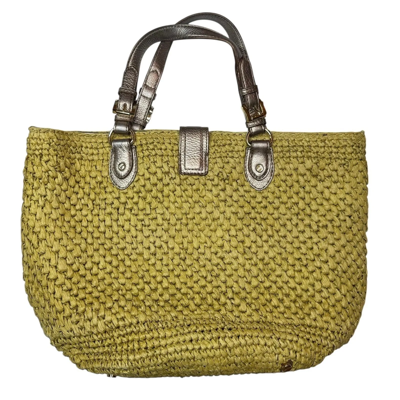 Michael Kors Woven Chartreuse Straw Gold Leather Shoulder‎ Tote Handbag Purse - Image 4