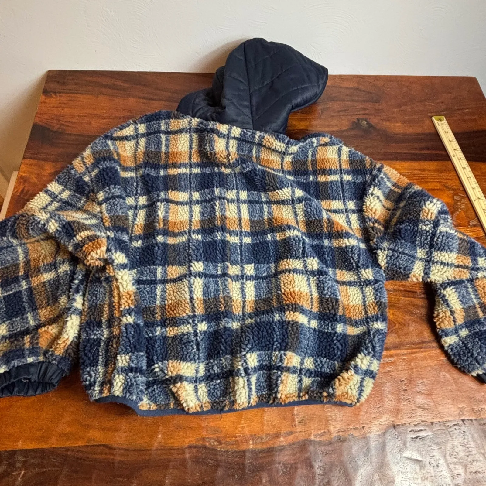 Altard State Plaid Sherpa Fleece Cropped Hooded Jacket Women's Small Navy Orange - Image 6