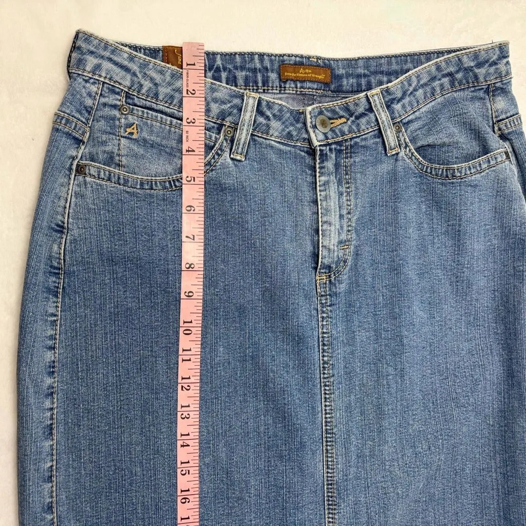Wrangler Vintage Aura Blue Jeans with Brown‎ Label Denim Pencil Skirt Size 12 - Image 7