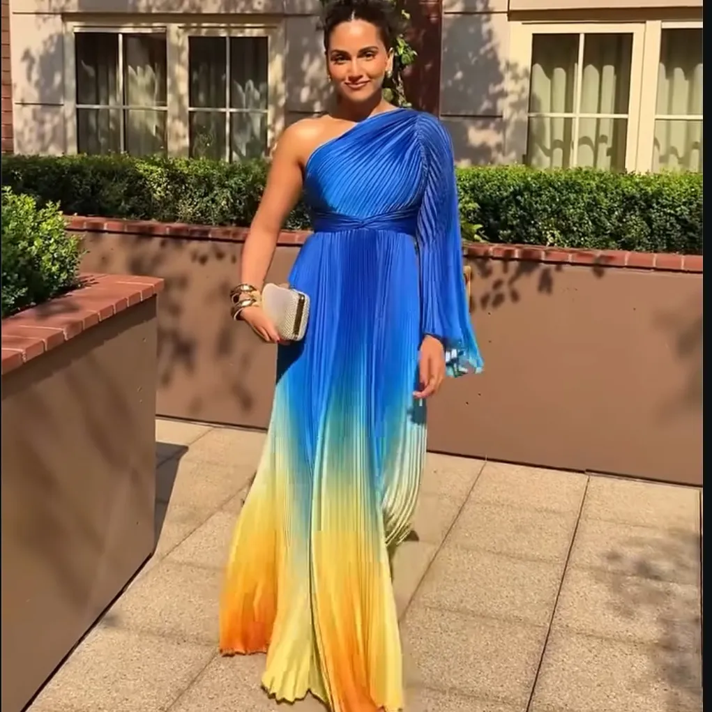 MAC DUGGAL 49903 Blue Ombre Pleated Charmeuse One-Shoulder Gown Dress 6 FLAWS - Image 3