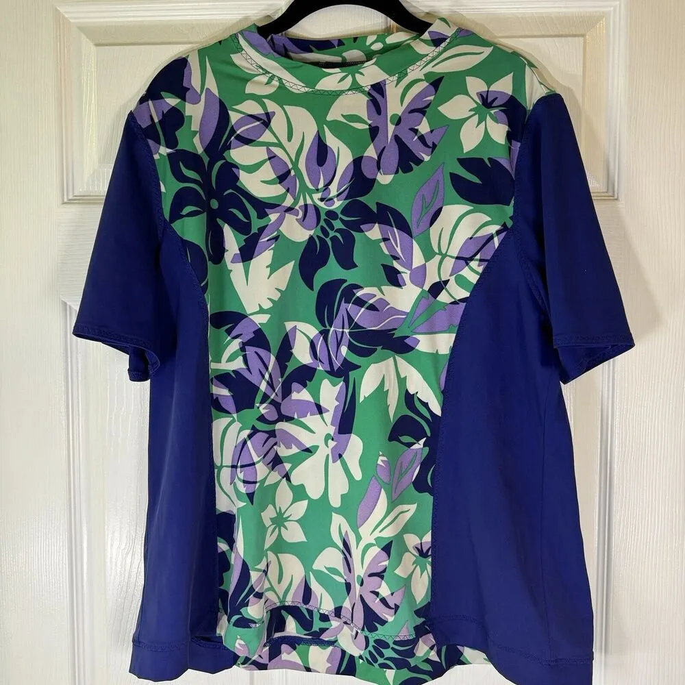 Lands' End Swim Sun Shirt Rash Guard Floral Short Sleeve Women’s Plus Size 1X Blue - Image 2