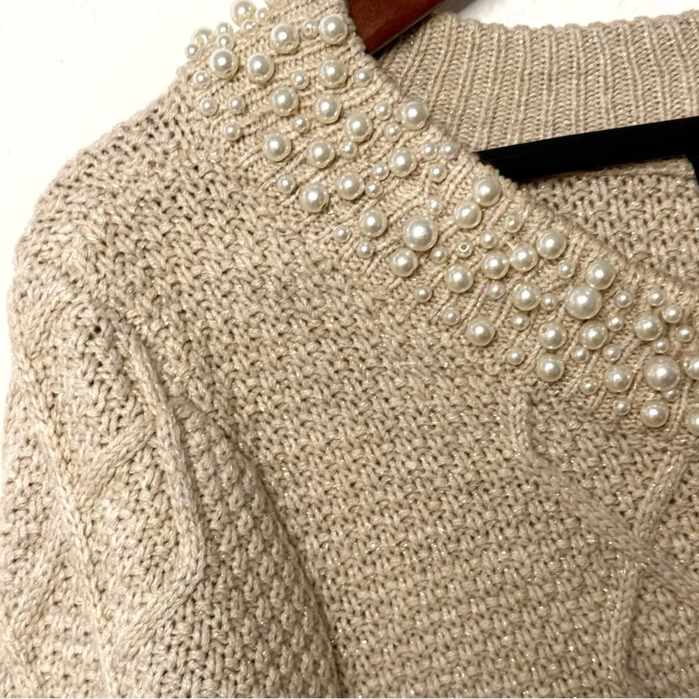 Karl Lagerfeld Paris pearl chunky knit sweater shiny beige size L - Image 7