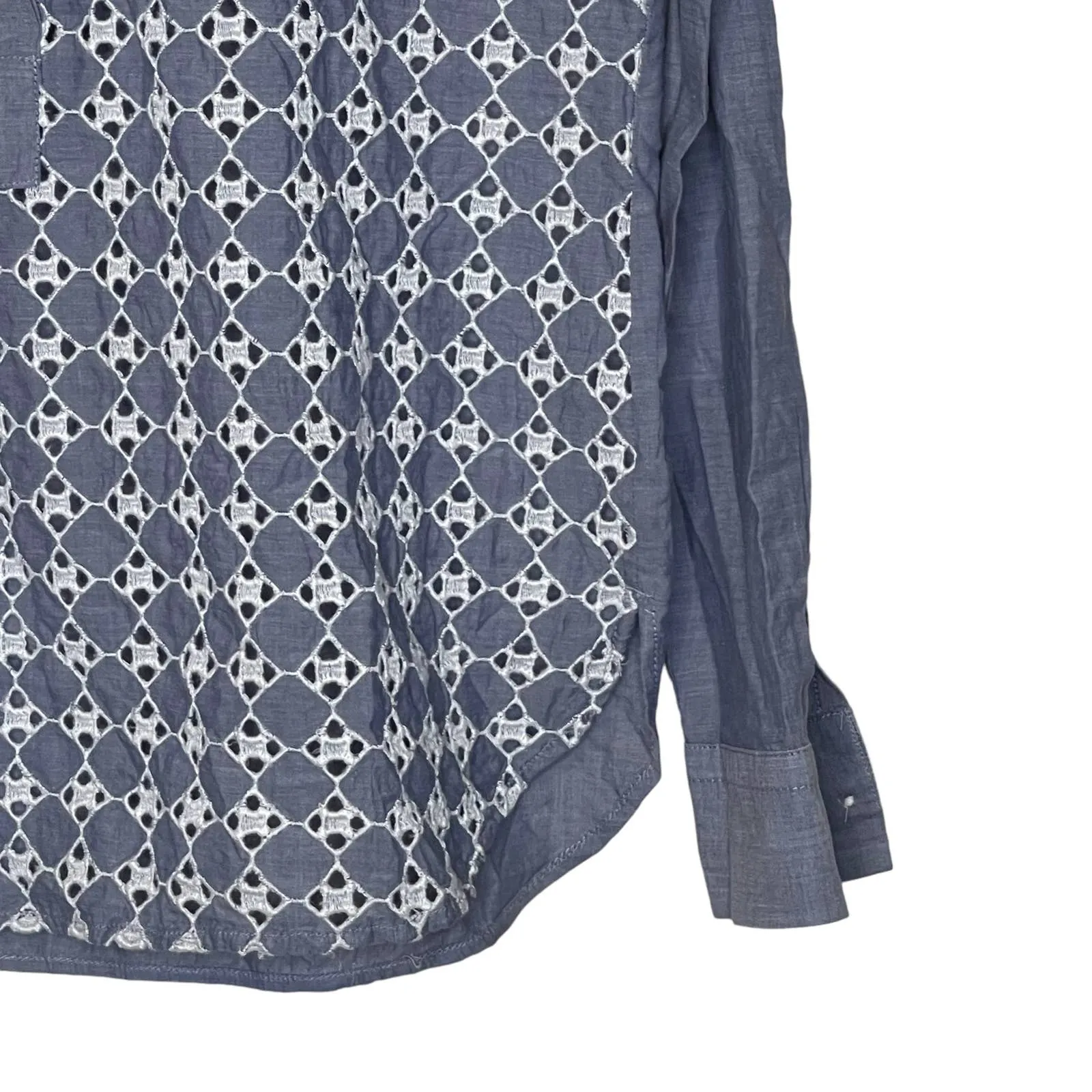 Loft Ann Taylor The Softened Popover Shirt Chambray Eyelet‎ Long Sleeve Women XS Blue - Image 3