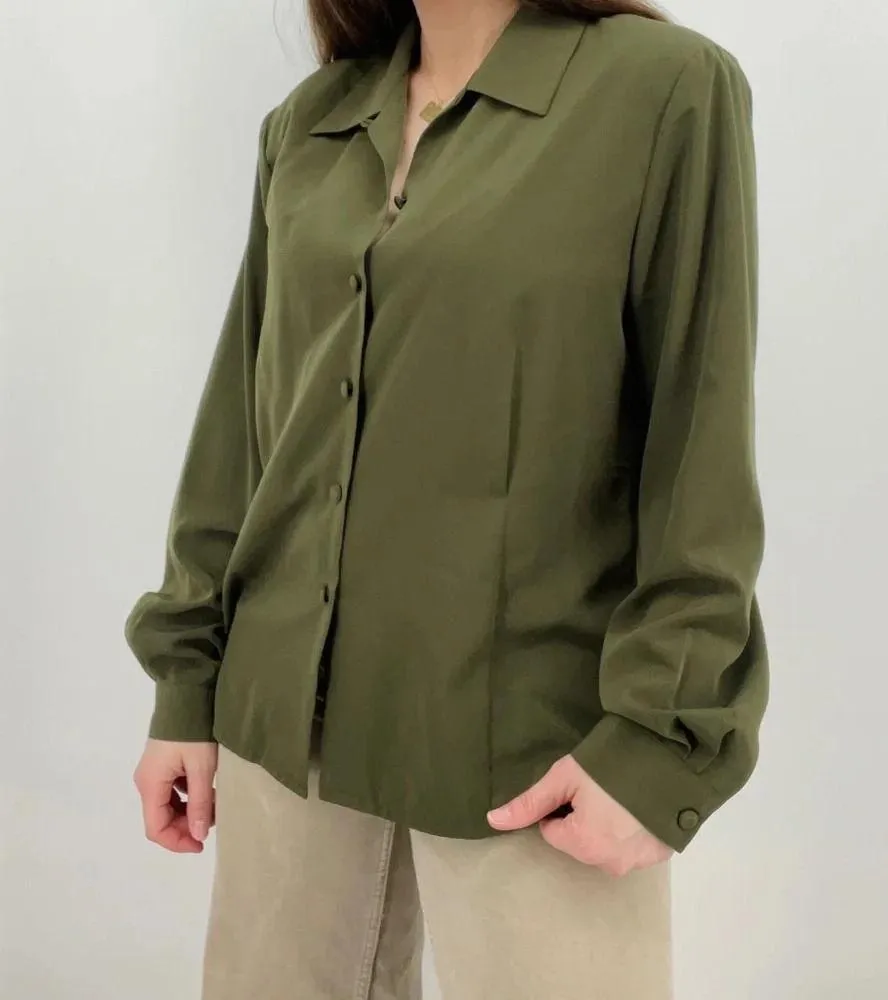 vintage olive green button down blouse shirt top minimalist size L Size L - Image 2