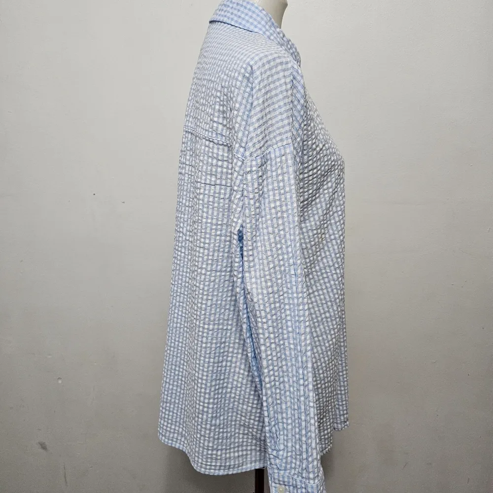 Divided X H&M Blue & White Gingham Seersucker Oversized Button Down Size Large - Image 3