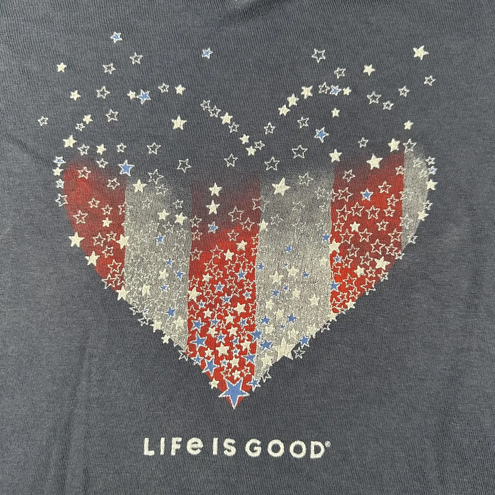 Life Is Good Shirt Womens Large Blue Crusher V Neck USA Flag Heart Graphic Tee - Image 2