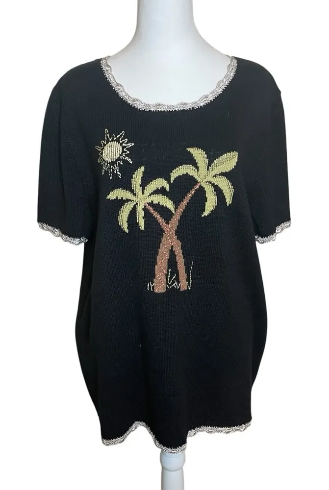 CJ Banks Hand Embroidered Plus Palm Tree Short Sleeve Sweater 1X Coastal Beach Black - Image 1