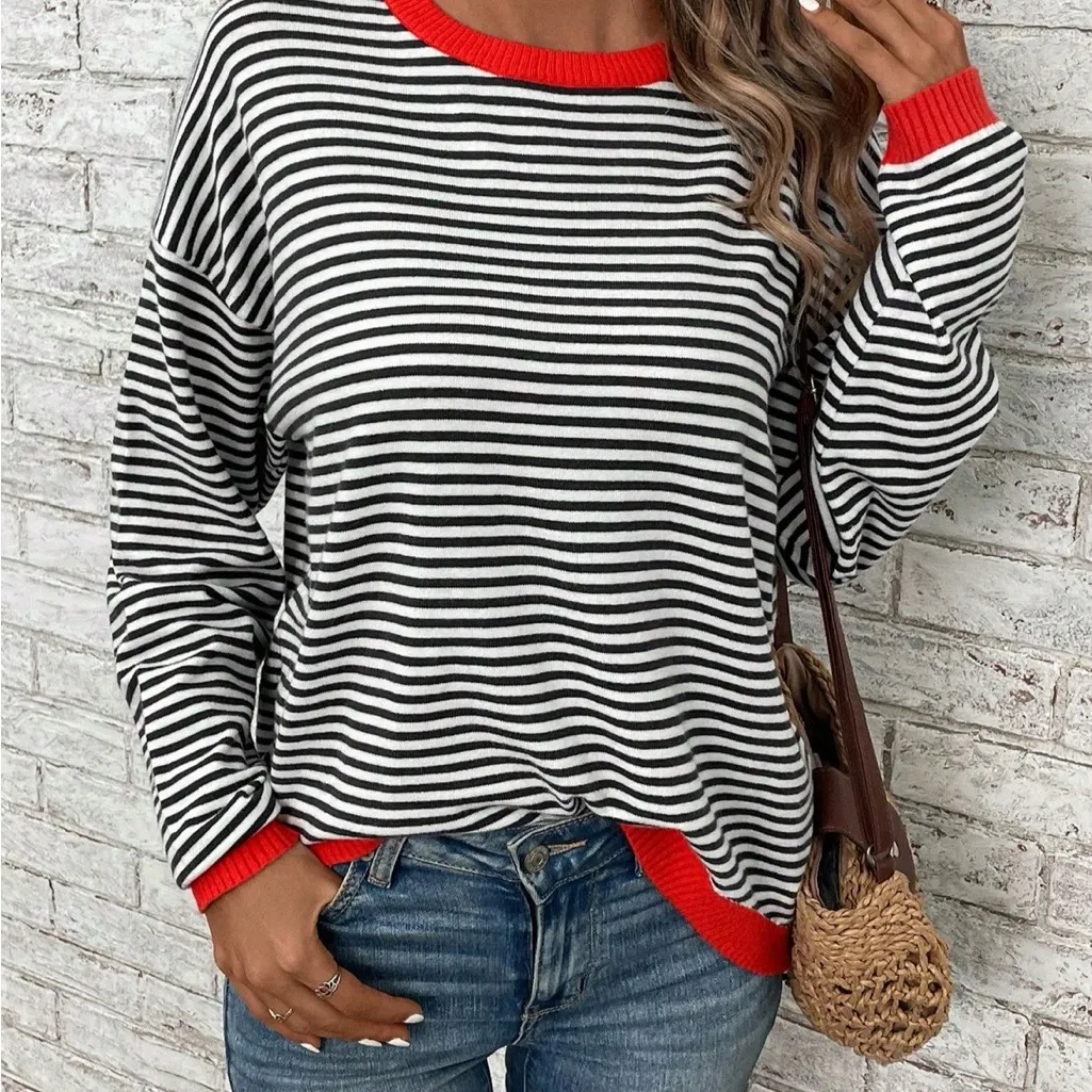 Emery Rose Striped Black & White Cozy Fall Sweatshirt w/ Red Accents Size M EUC Size M - Image 1