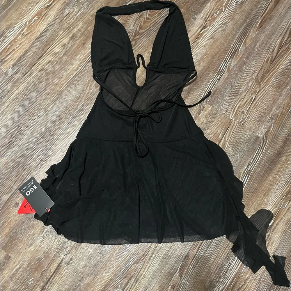 PLUNGE HALTERNECK KEYHOLE DRAPE TIERED MINI DRESS IN BLACK MESH! - Image 6
