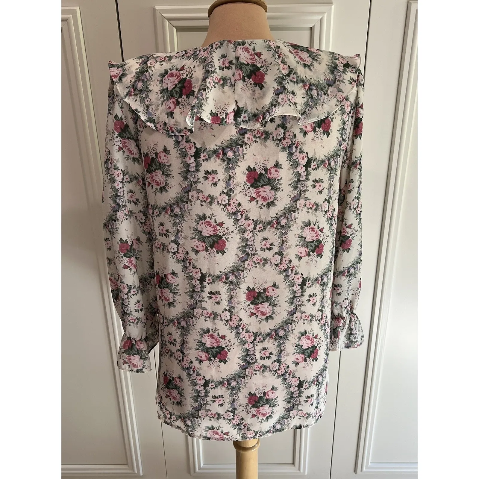 Vtg Pink &‎ Green Roses Floral Blouse Ruffle Shoulder Pads Romantic 80's Size L - Image 4