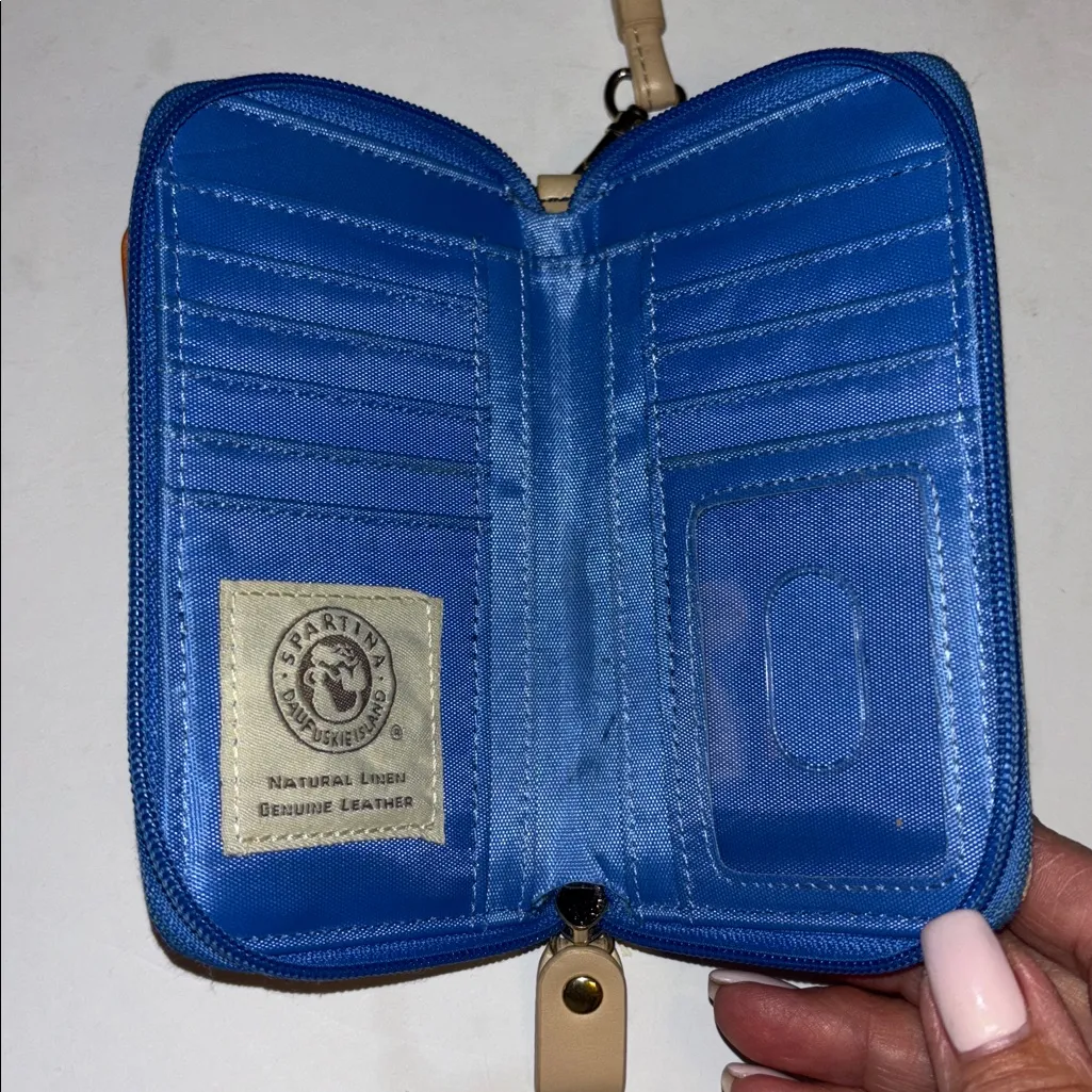 SPARTINA WALLET BLUE AND CREAM TAN LEATHER WRISTLET STRAP SMALL PHONE HOLDER - Image 4