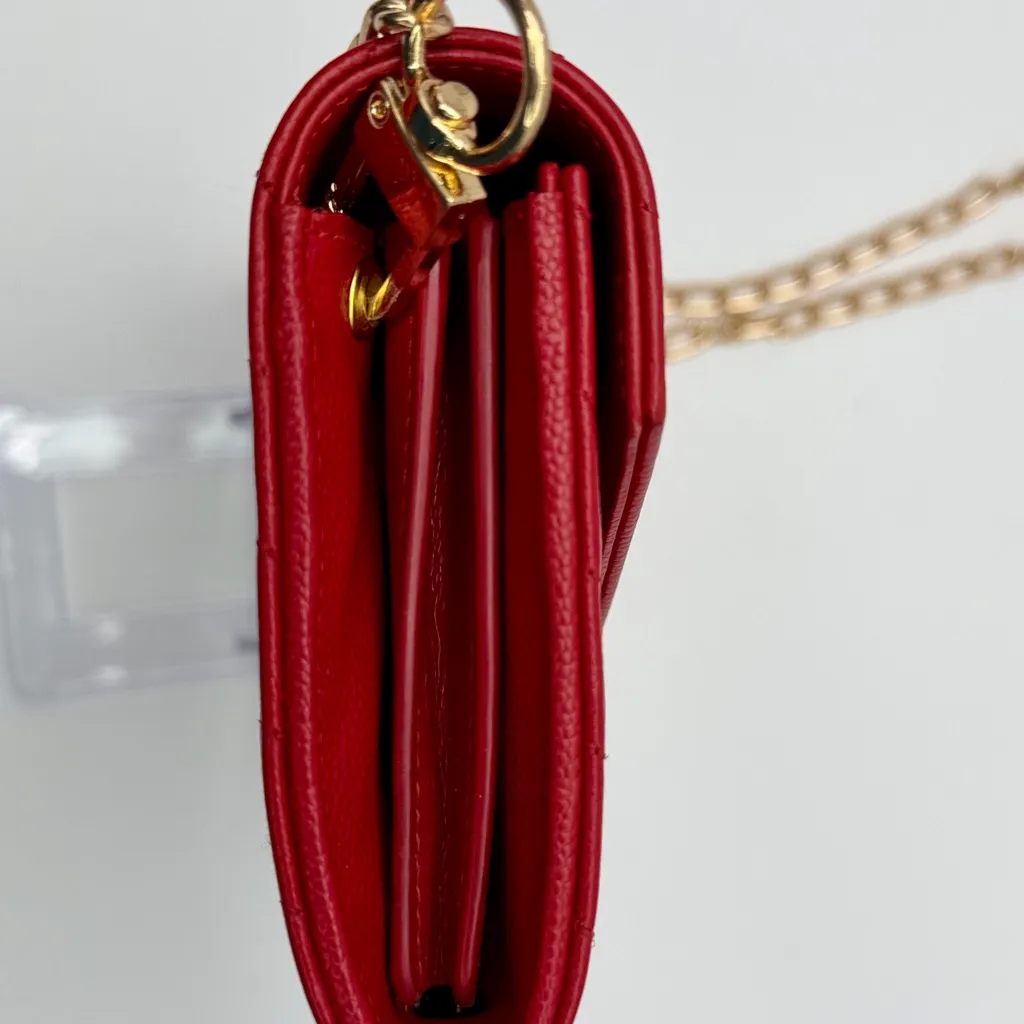 Yves Saint Laurent YSL Monogram Chevron Leather Clutch Crossbody Wallet with Chain Red - Image 10