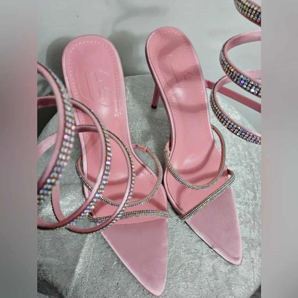 ✨ Pink Rhinestone Spiral Heels | Satin Pointed Toe Stilettos (Size 8) (B14) - Image 3
