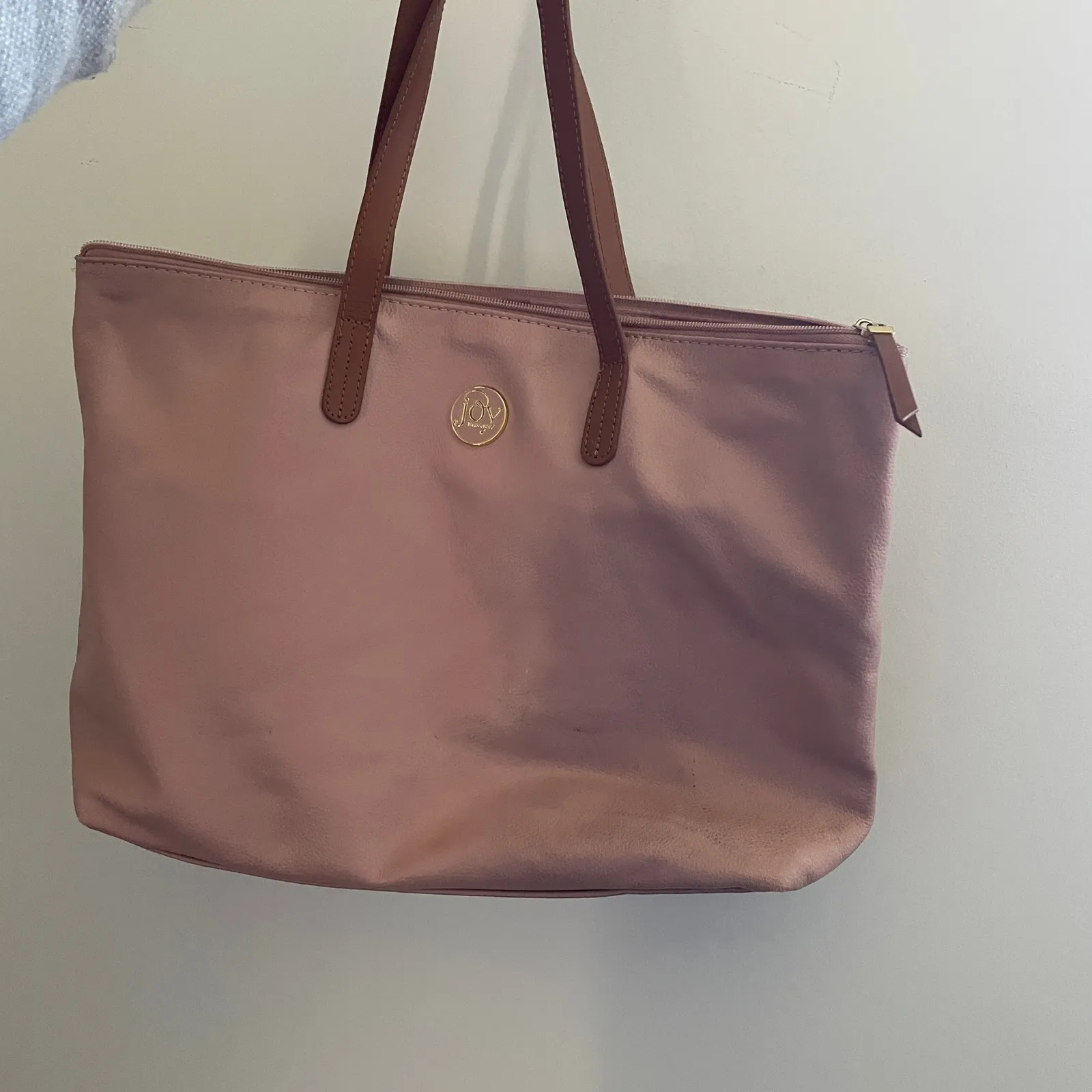 Joy Mangano Rose Gold Metallic Tote Bag Leather Handles Zipper Top Everyday Pink - Image 9