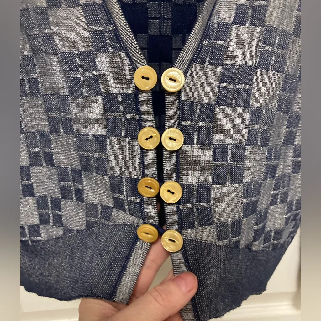 HWR Anthropologie Blue Checkered Deep V Neck Silk Blend Long Sleeve Cardigan - Image 2