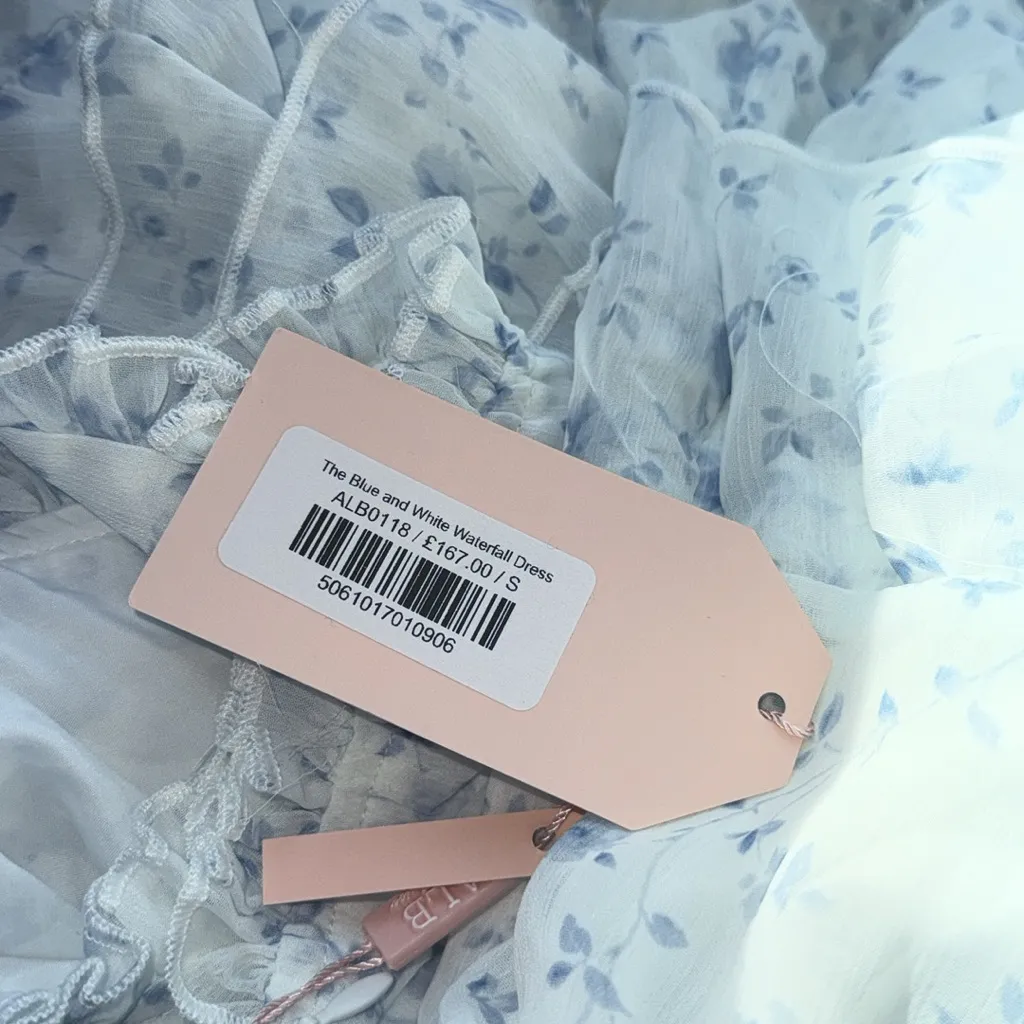 NWT ALB Anne Louise boutique blue white floral waterfall Maxi dress size S - Image 2